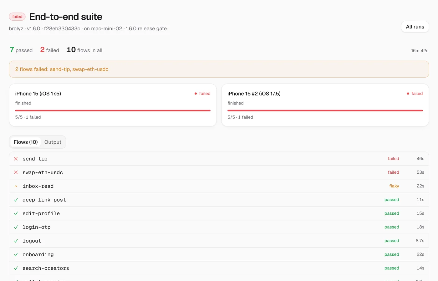 An end-to-end run with two failed flows, device shards and the assertion that broke.